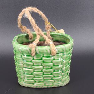 Vintage Ceramic Avocado Green Glaze Basket Planter Double Rope Handles
